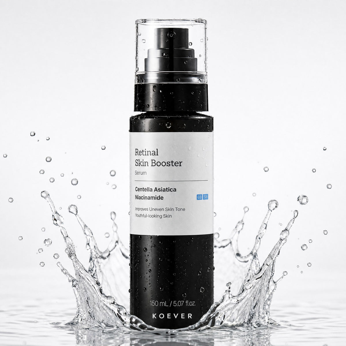 KOEVER Retinal Neck Serum bottle in a water splash